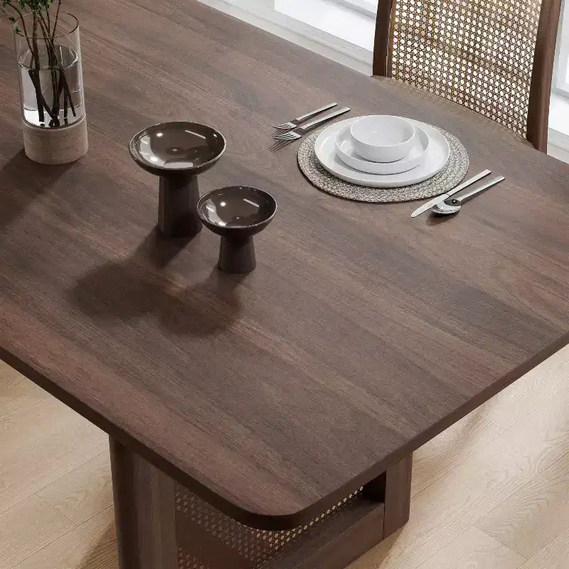 67 x 33.5 Farmhouse Kitchen Dining Room Table Furniture Square Walnut Kitchen Table with Rattan Woven Legs for Kitchen Bar Living Room