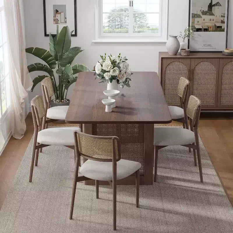 67 x 33.5 Farmhouse Kitchen Dining Room Table Furniture Square Walnut Kitchen Table with Rattan Woven Legs for Kitchen Bar Living Room