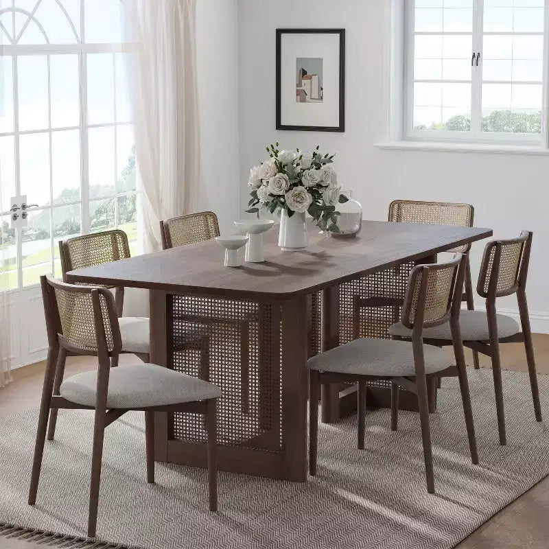 67 x 33.5 Farmhouse Kitchen Dining Room Table Furniture Square Walnut Kitchen Table with Rattan Woven Legs for Kitchen Bar Living Room