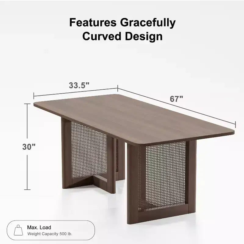 67 x 33.5 Farmhouse Kitchen Dining Room Table Furniture Square Walnut Kitchen Table with Rattan Woven Legs for Kitchen Bar Living Room