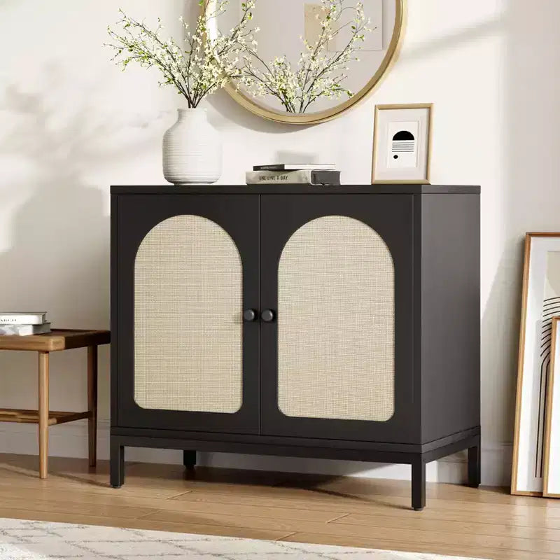 Sideboard Buffet Cabinet, Kitchen Storage Sideboard with Rattan Decorated Doors, Liquor Coffee Buffet Accent Cabinet