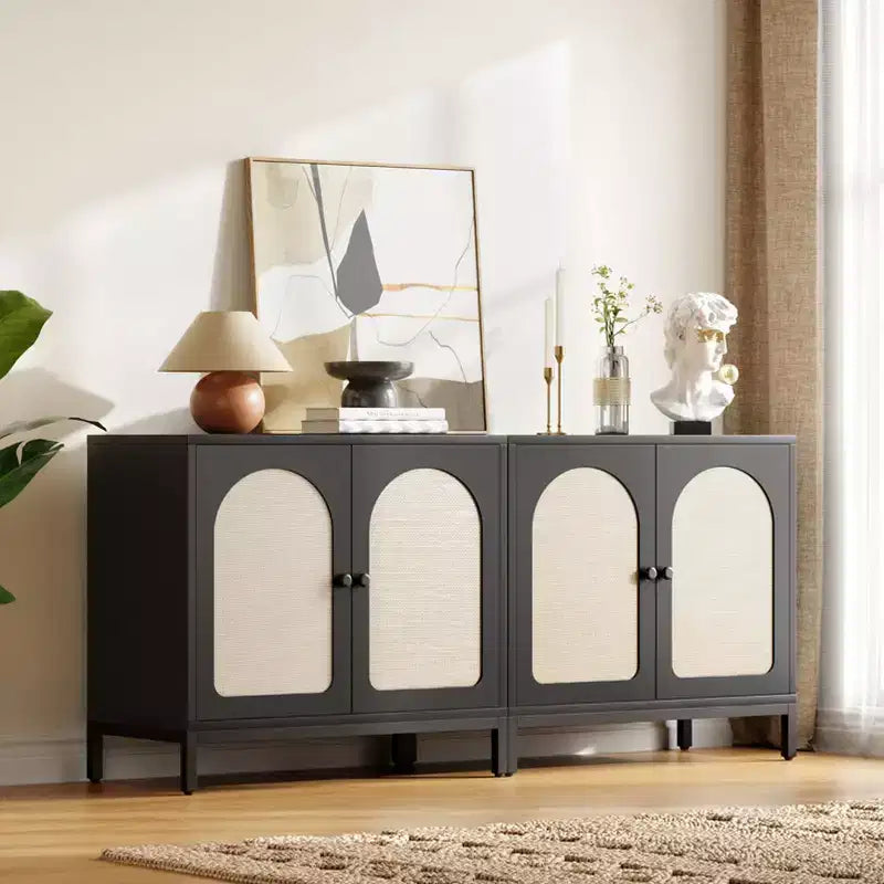 Sideboard Buffet Cabinet, Kitchen Storage Sideboard with Rattan Decorated Doors, Liquor Coffee Buffet Accent Cabinet