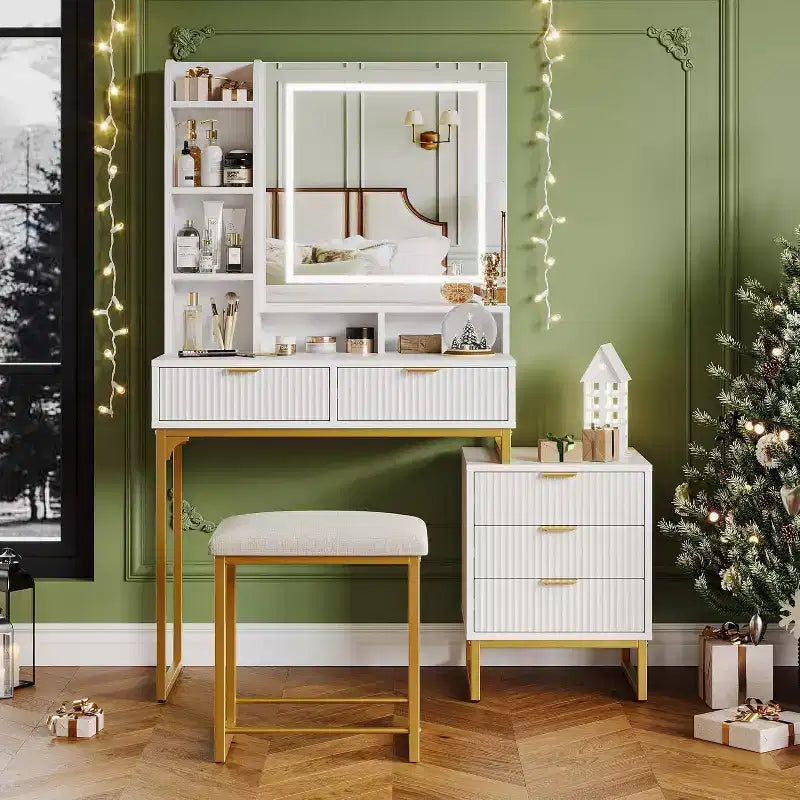 Makeup Vanity Desk with Mirror and Lights, Vanity Table with 5 Drawers, Vanity Set with Stool