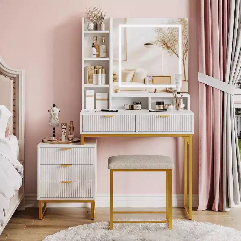 Makeup Vanity Desk with Mirror and Lights, Vanity Table with 5 Drawers, Vanity Set with Stool