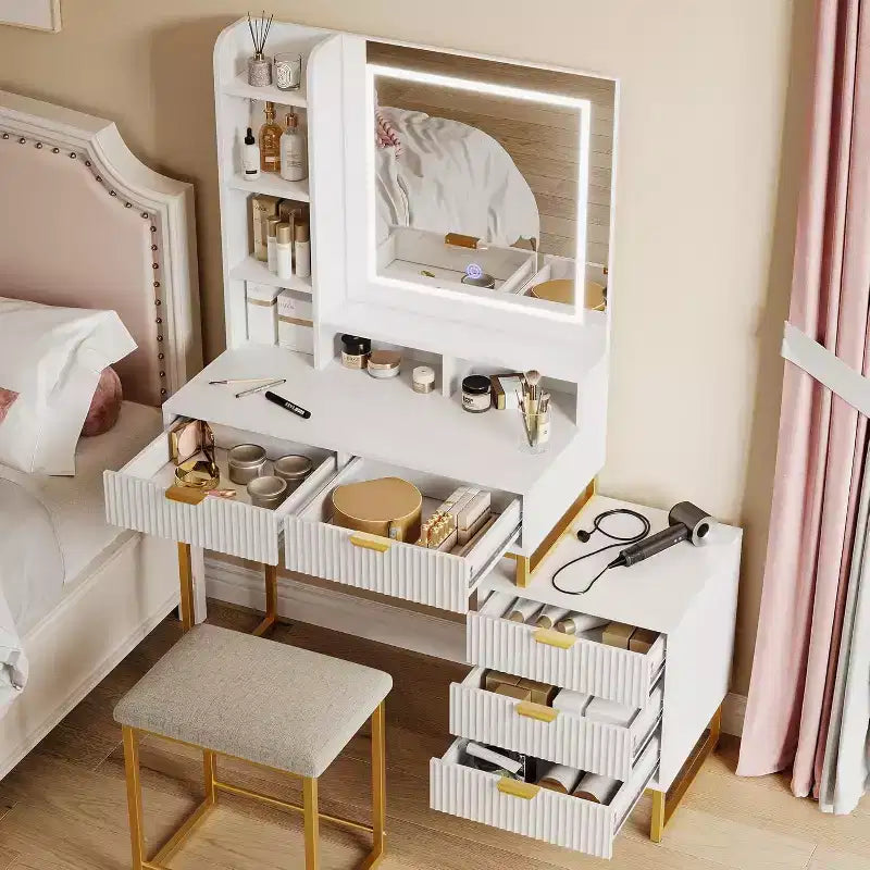 Makeup Vanity Desk with Mirror and Lights, Vanity Table with 5 Drawers, Vanity Set with Stool