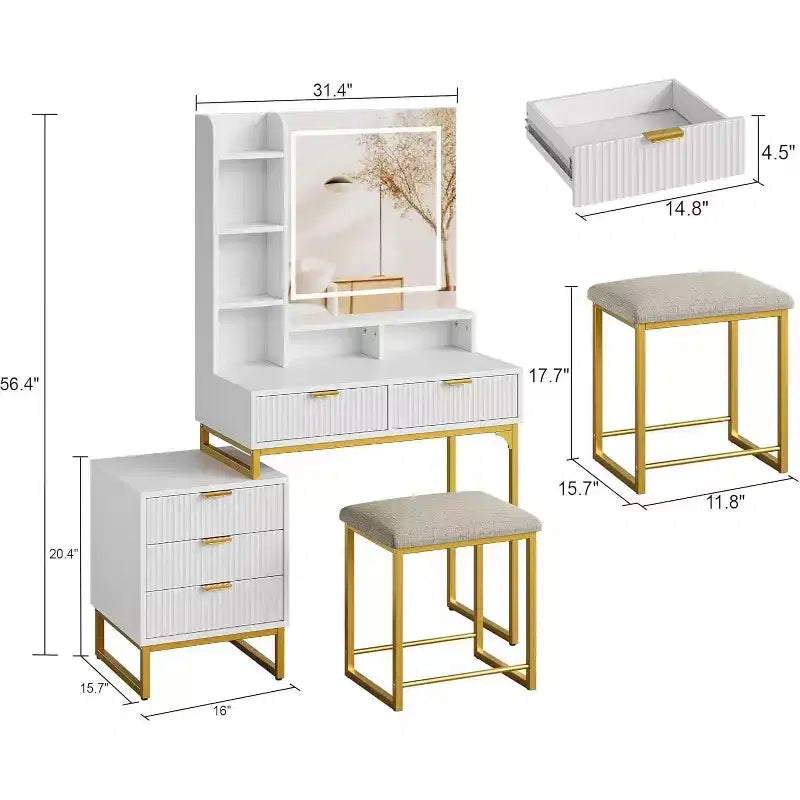 Makeup Vanity Desk with Mirror and Lights, Vanity Table with 5 Drawers, Vanity Set with Stool
