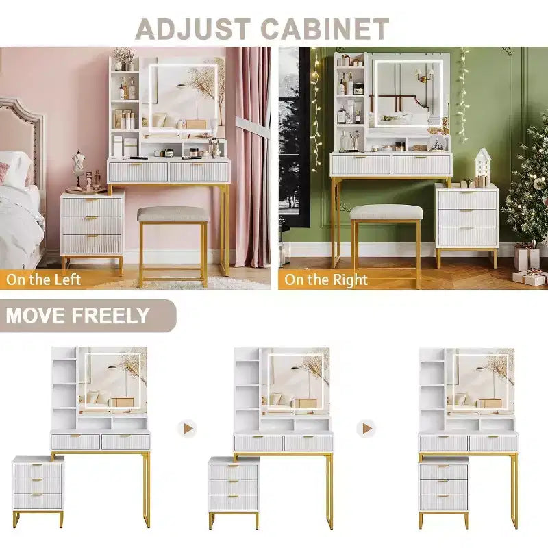 Makeup Vanity Desk with Mirror and Lights, Vanity Table with 5 Drawers, Vanity Set with Stool