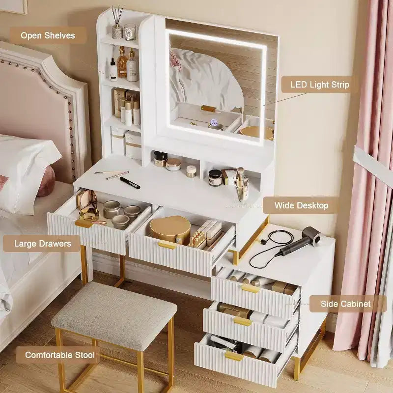 Makeup Vanity Desk with Mirror and Lights, Vanity Table with 5 Drawers, Vanity Set with Stool