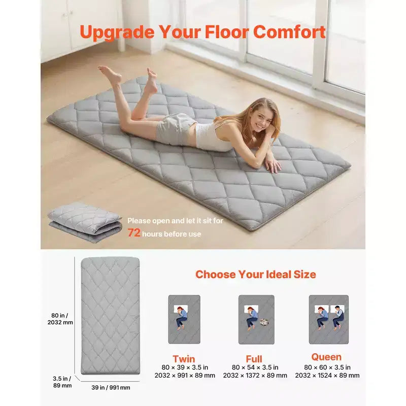 Japanese Tatami Mat, Twin Size Foldable Japanese Tatami Mattress, Futon Mattress with Storage Bag, 9-Layer Floor Mat, 80 x 39 x 3.5 in, Gray