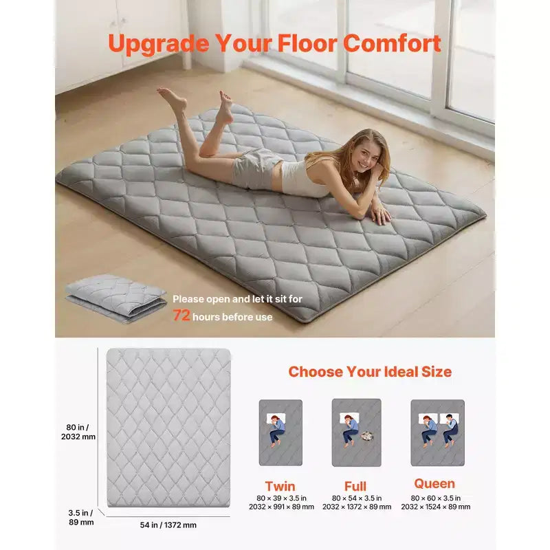 Japanese Tatami Mat, Full Size Foldable Japanese Tatami Mattress, Futon Mattress with Storage Bag, 9-Layer Floor Mat, 80 x 54 x 3.5 in, Gray