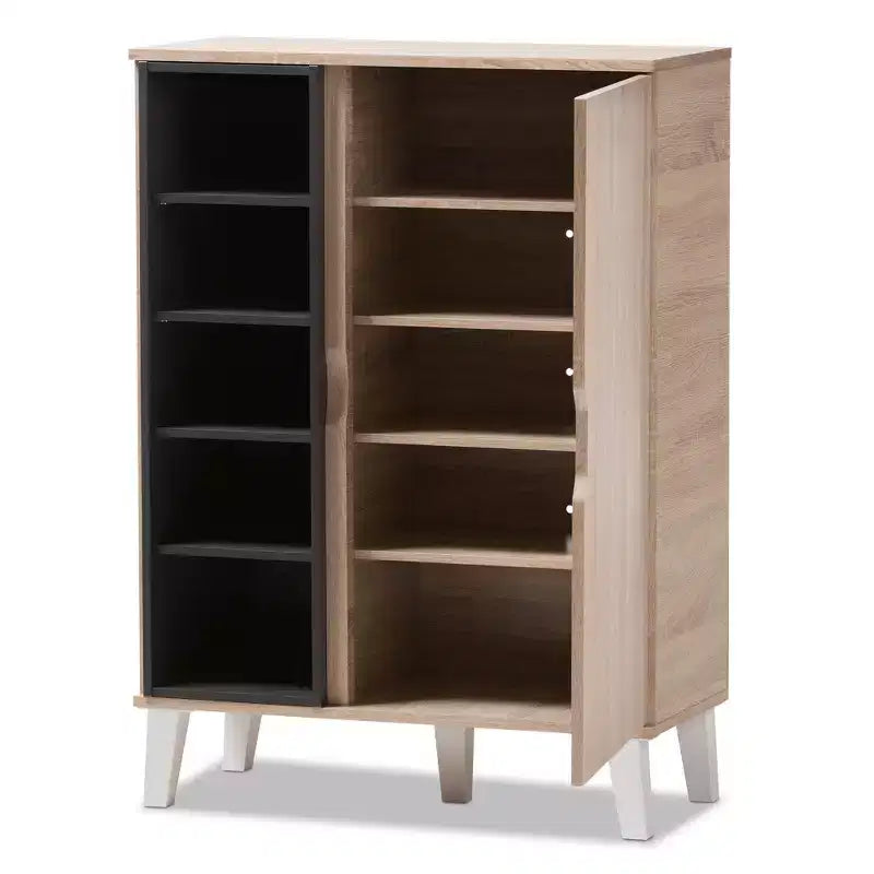 Mid-Century Modern 1-Door Wood Shoe Cabinet - Brown : Freestanding Entryway Footwear Organizer, Holds 15 Pairs