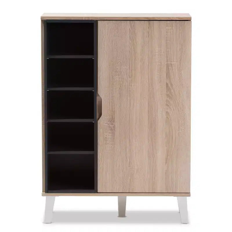 Mid-Century Modern 1-Door Wood Shoe Cabinet - Brown : Freestanding Entryway Footwear Organizer, Holds 15 Pairs