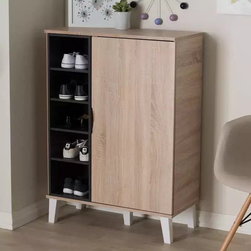 Mid-Century Modern 1-Door Wood Shoe Cabinet - Brown : Freestanding Entryway Footwear Organizer, Holds 15 Pairs