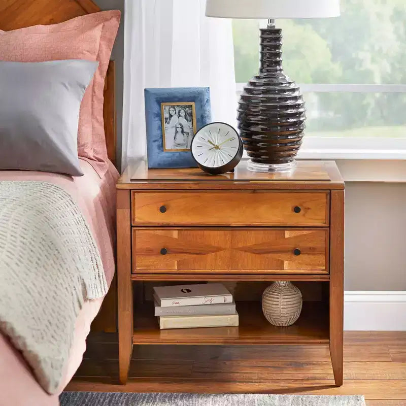 Mid Century Modern 2 Drawer Nightstand Oak: Modern Bedside Table with Storage, Acacia Wood Veneer, Metal Glides