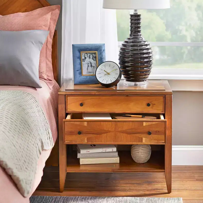 Mid Century Modern 2 Drawer Nightstand Oak: Modern Bedside Table with Storage, Acacia Wood Veneer, Metal Glides